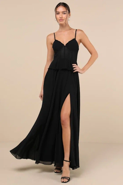Lulus Elegant Silhouette Black Lace Bustier Peplum Maxi Dress