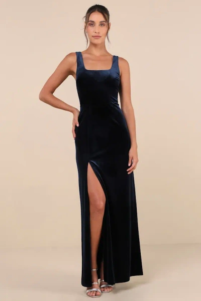 Lulus Elegant Sweetie Dark Navy Velvet Square Neck Maxi Dress