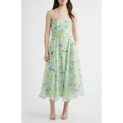 Lulus Elena Floral Print Strapless Midi Dress In Green