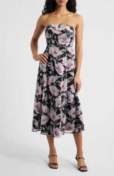 Lulus Elena Floral Strapless Cocktail Midi Dress In Brown