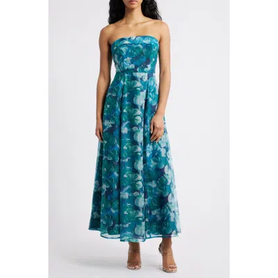 Lulus Elena Strapless Floral Organza Midi Dress In Blue