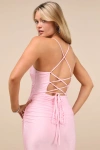 Lulus Elese Light Pink Slinky Knit Lace-up Mermaid Maxi Dress In Light Pink