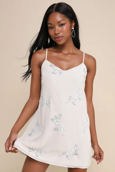 Lulus Elevated Approach Grey Beaded Sequin Floral Shift Mini Dress