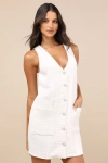 Lulus Elevated Concept White Tweed Lurex Button-front Shift Mini Dress In White