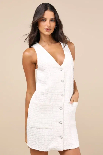 Lulus Elevated Concept White Tweed Lurex Button-front Shift Mini Dress