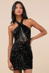 Lulus Elevated Dazzle Black Velvet Sequin Fringe Halter Mini Dress In Black