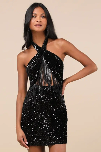 Lulus Elevated Dazzle Black Velvet Sequin Fringe Halter Mini Dress