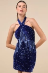 Lulus Elevated Dazzle Blue Velvet Sequin Fringe Halter Mini Dress In Blue