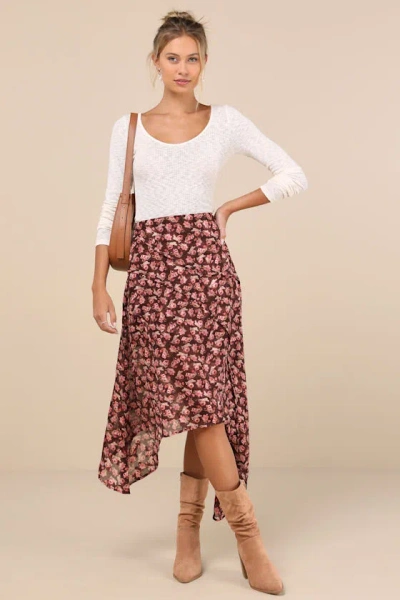Lulus Elevated Exception Brown Floral Asymmetrical Midi Skirt