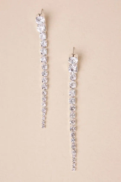 Lulus Elevated Glitter Silver Rhinestone Duster Statement Earrings In White