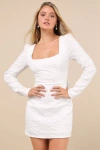Lulus Elevated Icon White Jacquard Long Sleeve Bow Mini Dress In White