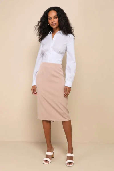 Lulus Elevated Inclinations Taupe Twill High Waisted Midi Skirt