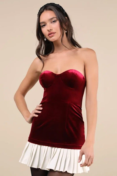 Lulus Elevated Invite Wine Red Velvet Strapless Mini Dress