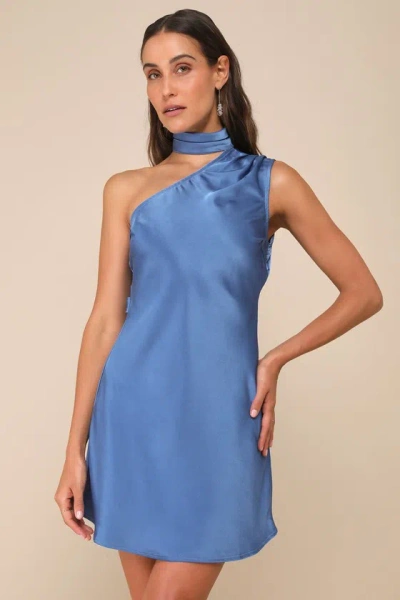 Lulus Elevated Mystique Blue Satin One-shoulder Mini Dress