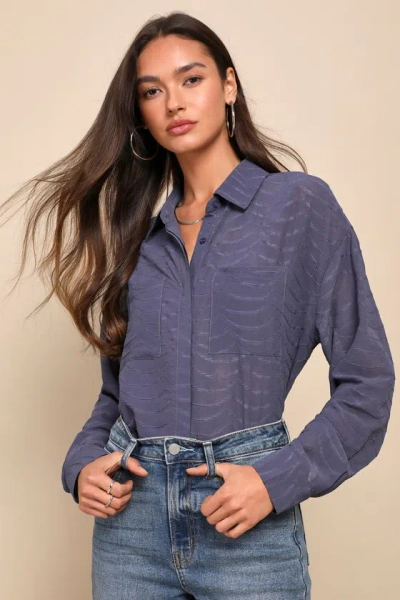Lulus Elevated Perception Slate Blue Sheer Textured Wavy Button-up Top