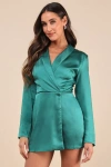 Lulus Elevated Persona Emerald Green Satin Collared Skort Romper In Emerald Green