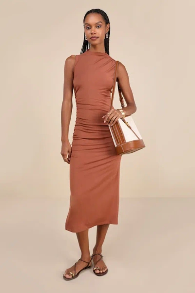 Lulus Elevated Presence Brown Sleeveless Ruched Funnel Neck Midi Dress