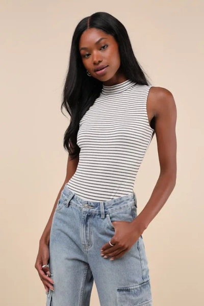 Lulus Elevated Selection Ivory Striped Mock Neck Sleeveless Bodysuit
