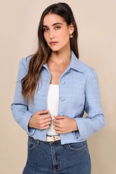Lulus Elevated Sensibility Blue Tweed Cropped Collared Jacket
