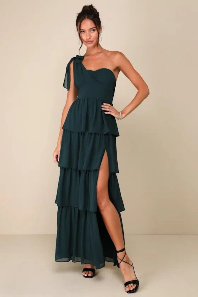 Lulus Elevated Vision Emerald Green One-shoulder Tiered Maxi Dress