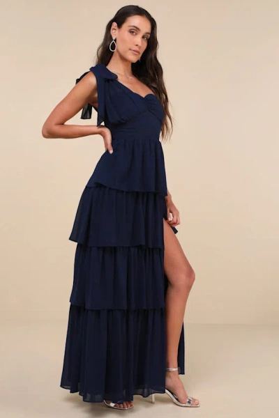 Lulus Elevated Vision Navy Blue One-shoulder Tiered Maxi Dress