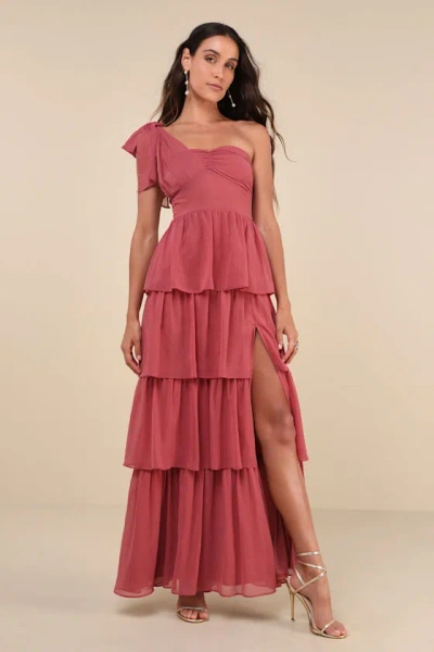 Lulus Elevated Vision Rusty Rose One-shoulder Tiered Maxi Dress In Pink