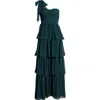 Lulus Elevated Vision Emerald Green One-shoulder Tiered Maxi Dress In Emerald
