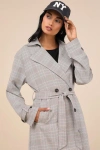Lulus Elevated Weather Grey Plaid Belted Trench Coat In Grey