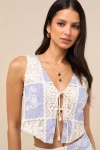 Lulus Elfreda Blue And Cream Crochet Knit Patchwork Tie-front Top