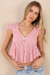 Lulus Eliara Pink Lace Cap Sleeve Babydoll Top
