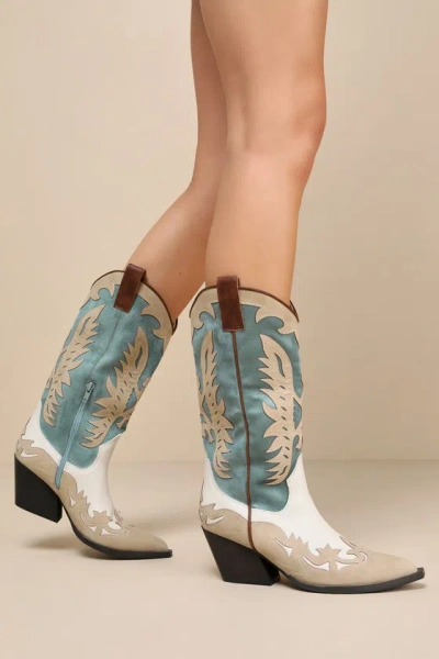 Lulus Elinoah Blue Color Block Pointed-toe Mid-calf Western Boots