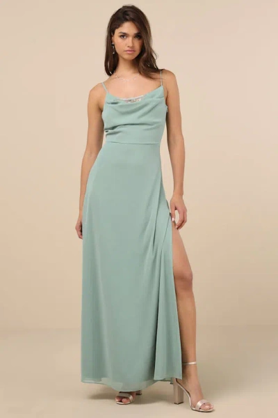 Lulus Eliora Sage Green Lace Cowl Neck Chiffon Maxi Dress