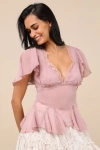 Lulus Elisae Mauve Pink Lace Pleated Flutter Sleeve Top In Mauve Pink