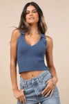 Lulus Eliseo Dark Slate Blue Knit Collared Tank Top