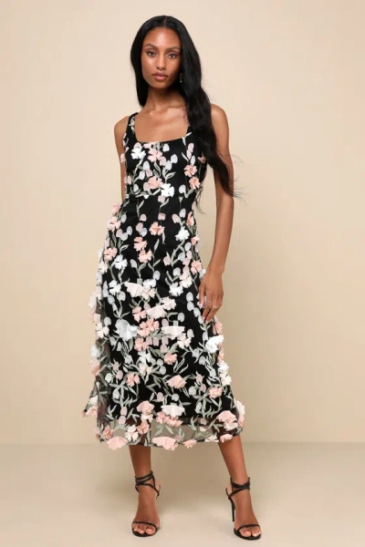 Lulus Elite Cutie Black Mesh 3d Floral Embroidered Midi Dress