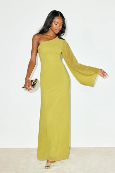 Lulus Elizabeth Lime Green One-shoulder Bell Sleeve Maxi Dress In Gold