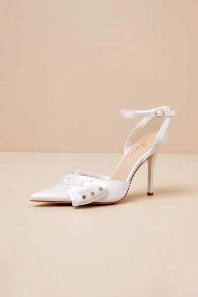 Lulus Ellandra White Satin Rhinestone Bow Ankle Strap Pumps