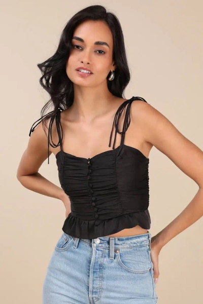 Lulus Elliena Black Satin Ruched Tie-strap Peplum Crop Top