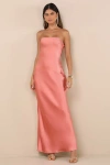 Lulus Elliette Peach Pink Satin Strapless Cowl Back Maxi Dress
