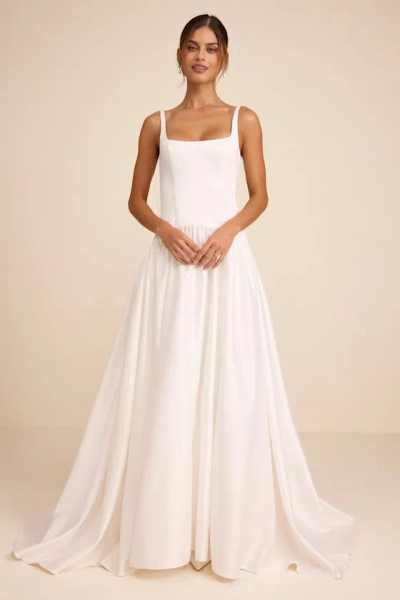 Lulus Ellington White Satin Belted Drop Waist Maxi Dress