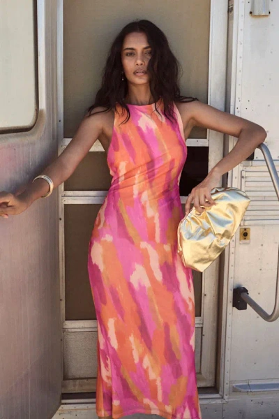 Lulus Elma Pink And Orange Abstract Mesh Midi Dress