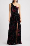 Lulus Elodie One Shoulder Burnout Floral Tiered Dress In Multi