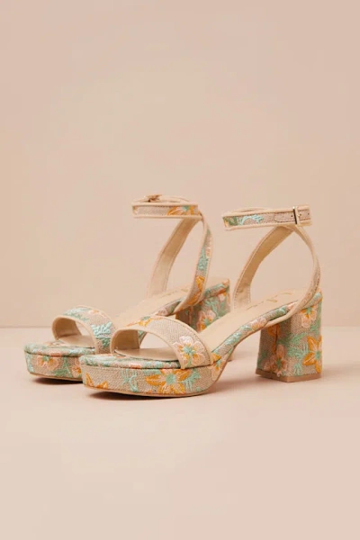 Lulus Elodina Multi Floral Raffia Platform High Heel Sandals In Brown