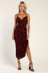 Lulus Eloquent Essence Burgundy Burnout Velvet Floral Midi Dress In Burgundy