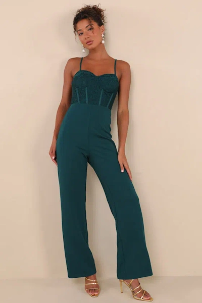 Lulus Eloquently Enticing Emerald Green Lace Bustier Jumpsuit