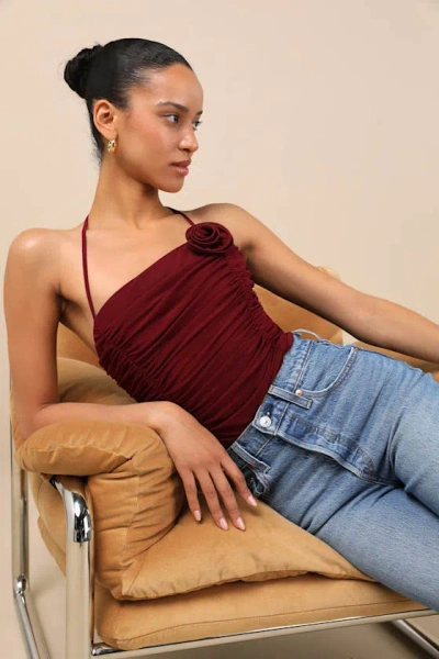 Lulus Elyas Burgundy Mesh Ruched Rosette Backless Bodysuit