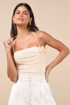 Lulus Elyas Cream Mesh Ruched Rosette Backless Bodysuit In White