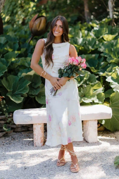 Lulus Elyse Ivory Floral Jacquard Satin Midi Dress In White