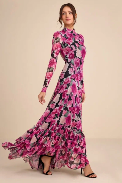 Lulus Emilina Black And Magenta Floral Mock Neck Maxi Dress In Multi
