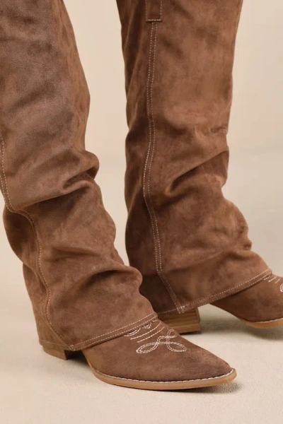 Lulus Emiliya Brown Suede Fold-over Knee-high Western Boots
